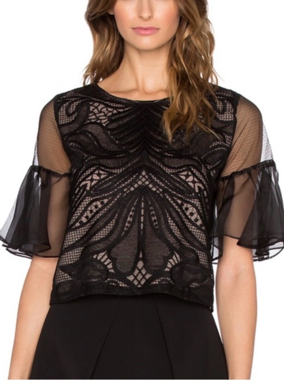 ALEXIS Leonard Organza Lace Short Sleeve Top Black Sheer Lace Blouse
